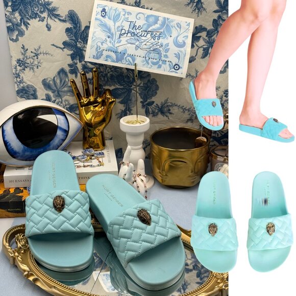 🆕 KURT GEIGER LONDON 🧿 NWOB Meena Eagle Quilted Slides, Blue - Sz EU 39 US 8.5 - Picture 1 of 16
